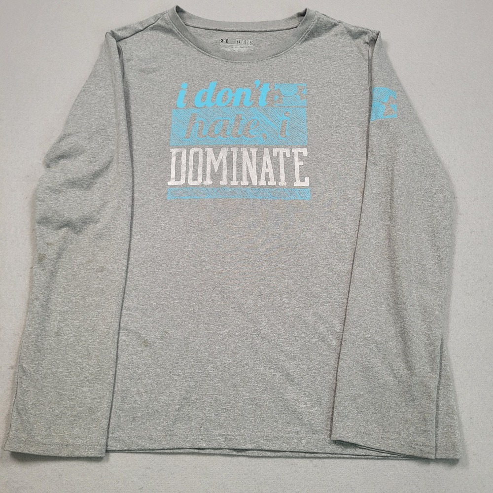 Under Armour Boys Gray I Don't Hate I Dominate Long‎ Sleeve Shirt XL HeatGear
